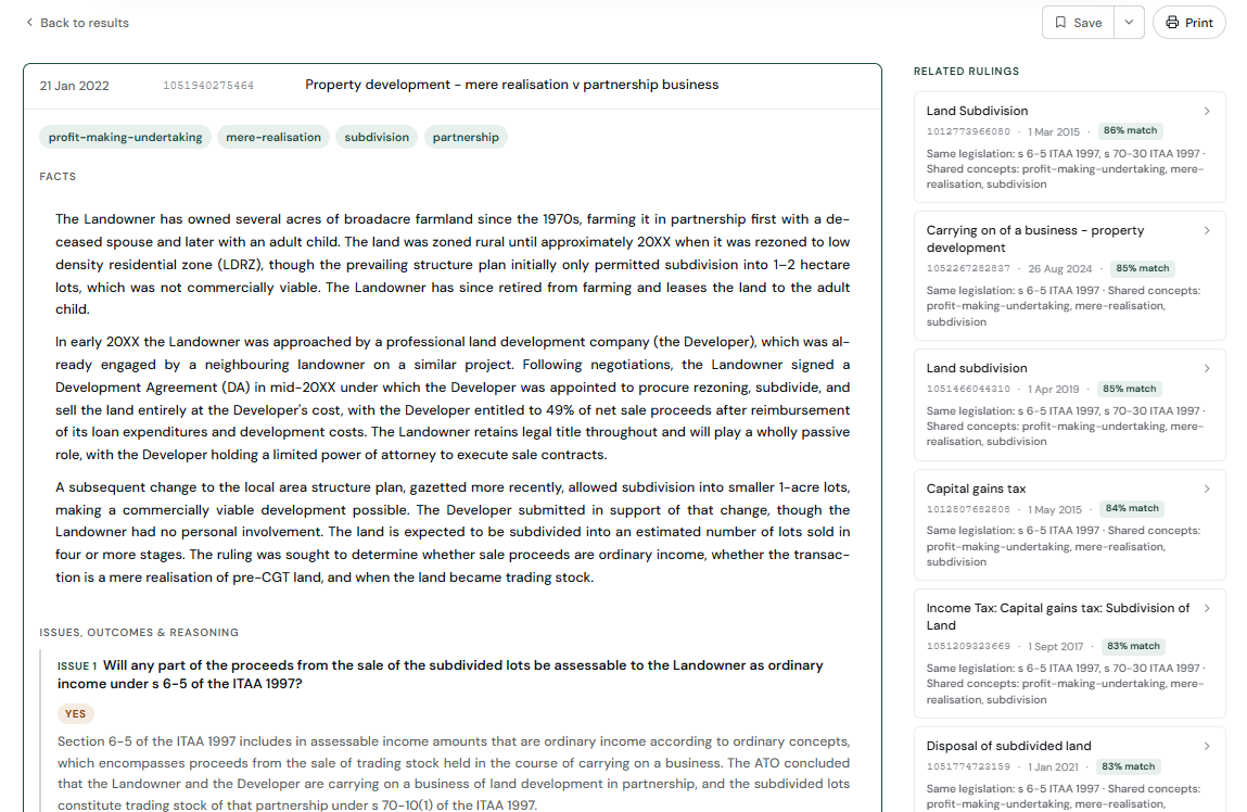 Ruling detail page with structured summary on the left and related-rulings panel on the right.
